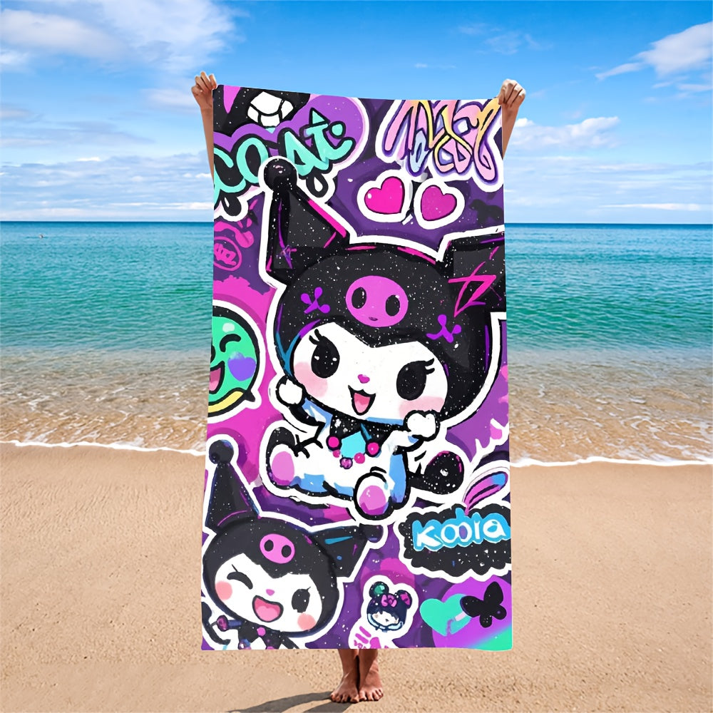 1pc Sanrio Kuromi Cartoon Beach Towel - Quick-Dry Microfiber Oversized Bath & Beach Towel with Vibrant Purple & Pink Anime Design, Hearts, Stars & Playful Phrases for Pool, Travel, Bath, Poolside Accessory, Playful Design, Qu