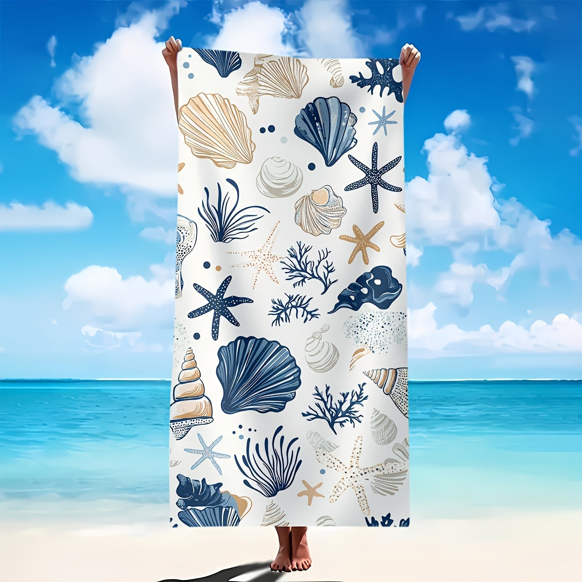 1pc Ultra-Absorbent Quick-Dry Beach Towel - Soft, Lightweight Sand Blanket with Vibrant Marine Life Design (Seashells, Starfish, Coral) - Perfect for Travel, Swimming, Camping, Yoga & Beach Vacations - Ideal Gift for Family a