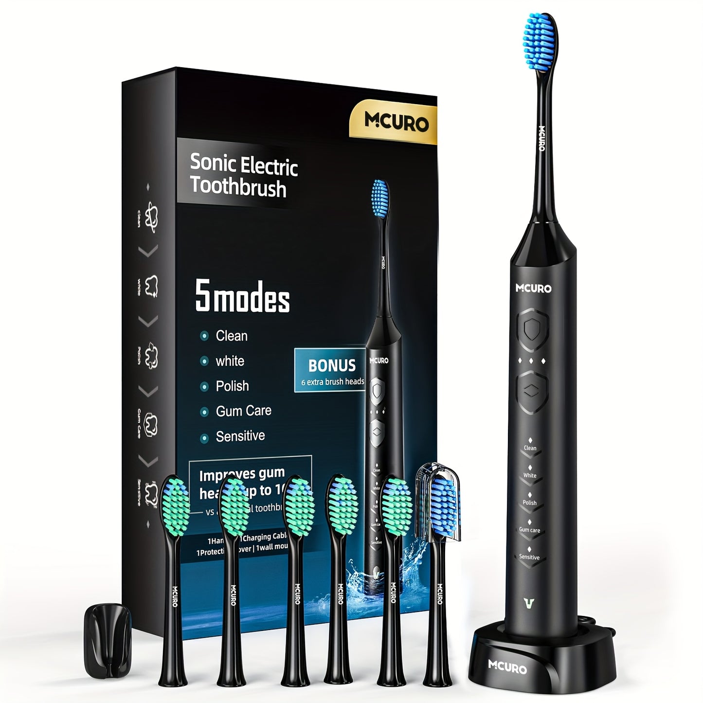 Sonic Electric Toothbrush Rechargeable Electric Toothbrush, Deep Cleaning with 5 Modes, 6 Replacement Brush Heads, Equipped with USB Stand Charging, Portable, Suitable for Travel, Dormitory, Gift, Black, Pink, Blue, Gift for