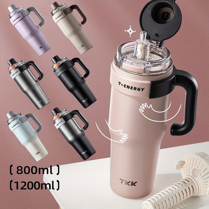 800ml/1200ml Large Capacity Ceramic Coating Liner Stainless Steel Cup Vacuum Keep Warm Cold Mug Cup with Straw Lid Handle for Coffee Coke Carbonated Beverages Ice Leakproof for School Office Outdoor Yoga sports, Travel Coffee