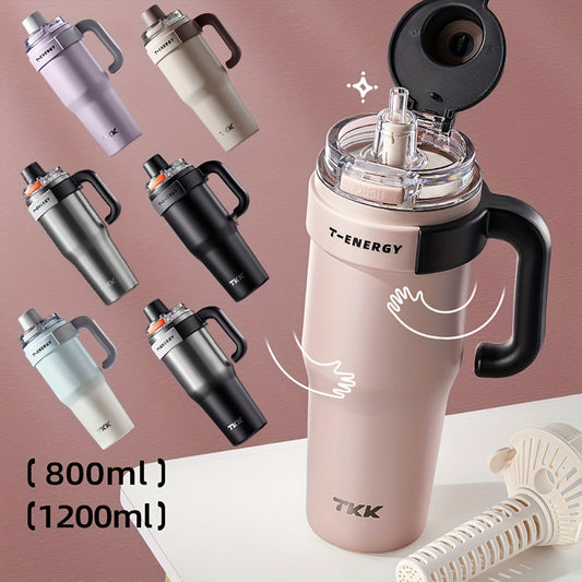 800ml/1200ml Large Capacity Ceramic Coating Liner Stainless Steel Cup Vacuum Keep Warm Cold Mug Cup with Straw Lid Handle for Coffee Coke Carbonated Beverages Ice Leakproof for School Office Outdoor Yoga sports, Travel Coffee
