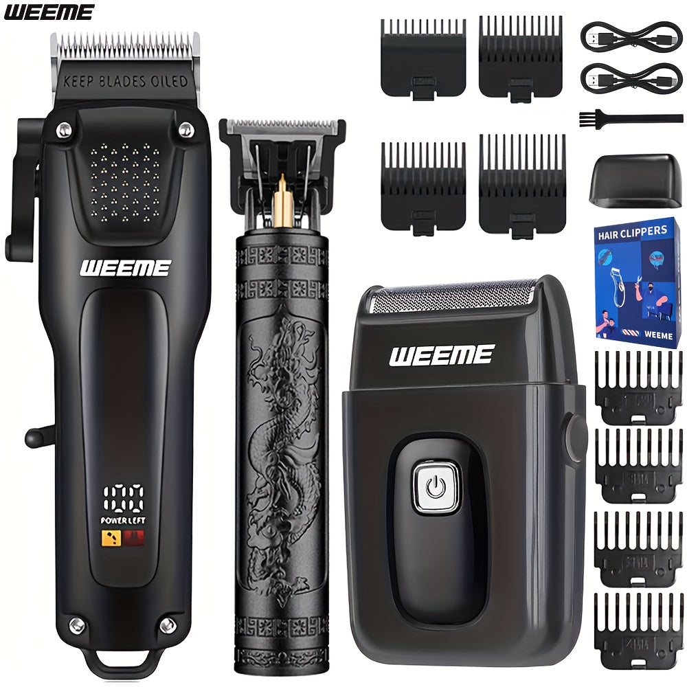 WEEME 3pcs Men's Grooming Kit - LCD Electric Clipper + Cordless Shaver + T-Blade Trimmer | USB-C Rechargeable w/Brushes & Care Accessories | Durable Hair/Facial Grooming Tools for Home & Travel