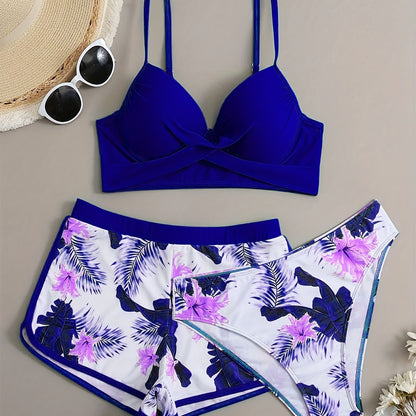 Floral Leaf Print Stretchy 3 Piece Set Swimsuits, Cross Spaghetti Strap Push Up Bikini & Boxer Shorts, Women's Swimwear & Clothing
