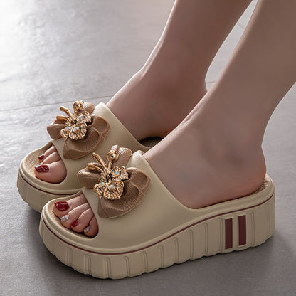 Women'S Elegant Floral Embellished Slide Sandals - Summer 2025 Collection, Non-Slip, Odor-Resistant, Durable Beach Shoes with Thick Cushioned Sole for Indoor/Outdoor Comfort, Indoor Slippers | Floral Embellished Sandals | EVA