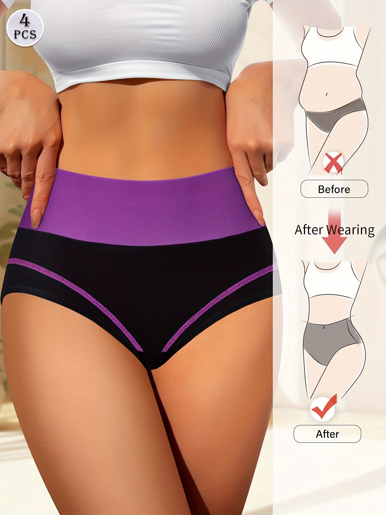 4-Pack High-Waisted Tummy Control Women's Panties, Fashionable Color-Block Comfort Fit Briefs