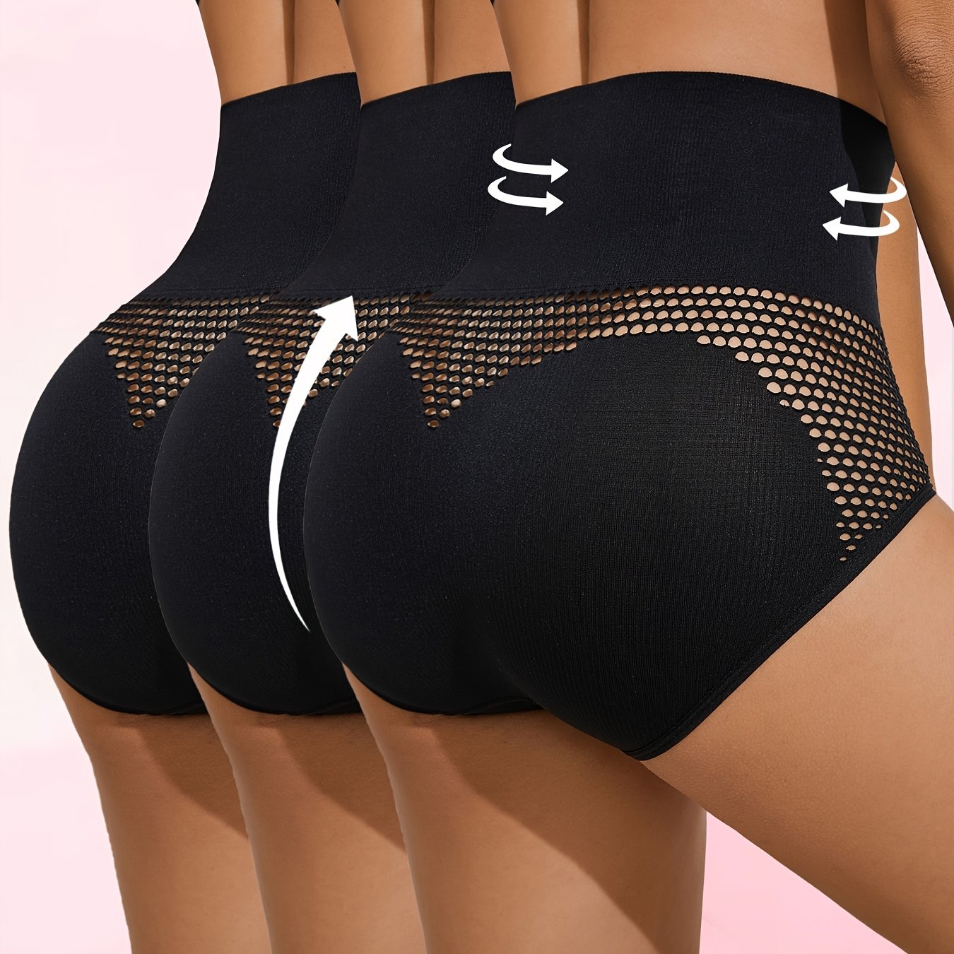 3pcs High-Content Tummy Control Pants for Women - Breathable Mesh, Butt Lift, Body Shaper Breasts with Solid Color Design and Breathable Mesh Details