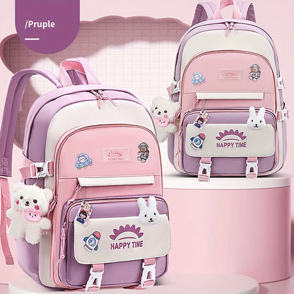 Chic Nylon Backpack for Girls - Cute Cartoon Design, Adjustable Straps, Lightweight backpack, Perfect for Elementary to High School Students