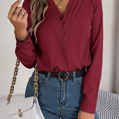 Women'S Elegant V-Neck Long Sleeve Shirt, Solid Color Polyester Blouse with Triple V-Cut, 95% Polyester 5% Elastane, Woven Fabric, 120g/m², for Spring/Summer/Fall - Adult