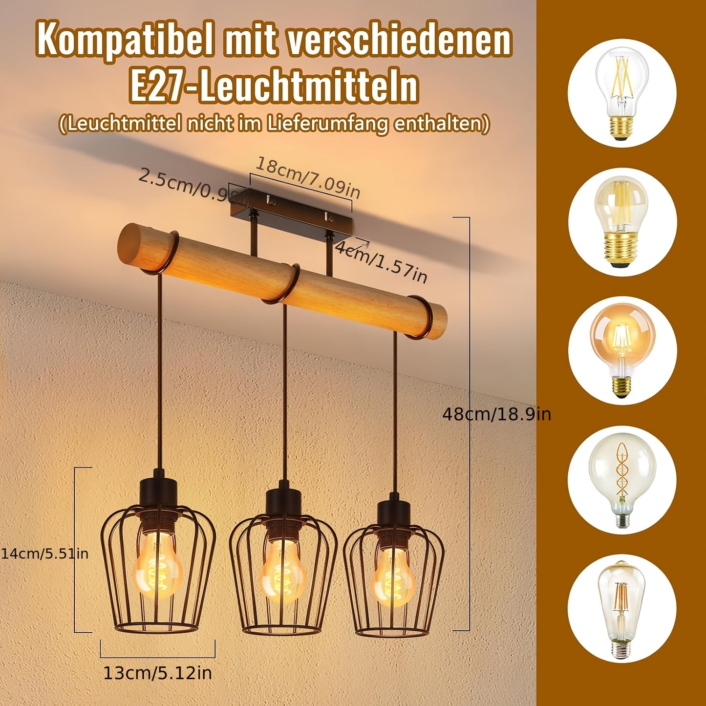 3 Bulbs Wooden Living Room Lamp Black - Socket: E27 - Vintage Ceiling Lamp, Height Adjustable Spotlight Made Of Metal And Wood (Without Bulb)