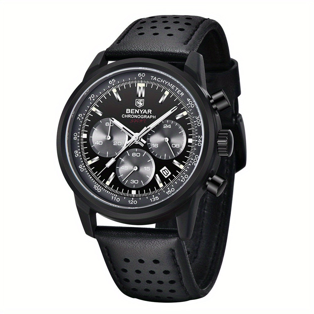 BENYAR Top Brand Men's Watches Sport For Men Multifunction Chronograph Black Fashion Quartz Wristwatches Calendar With Leather Strap