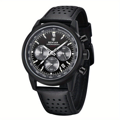 BENYAR Top Brand Men's Watches Sport For Men Multifunction Chronograph Black Fashion Quartz Wristwatches Calendar With Leather Strap