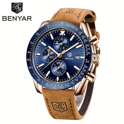 BY BENYAR Men'S Quartz Chronograph Watch - Luminous, Stainless Steel, Blue Dial with Date & Stopwatch, Faux Leather Strap, Elegant Business & Casual Style, Perfect Gift for Men, Professional Chronograph | Sleek Watch Design |