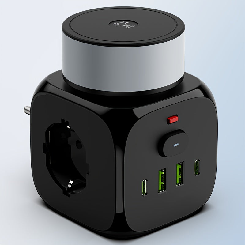 2025 New multifunctional round plug/socket/strip with 3 power outlets, with night light (2 USB-A) (2 TYPE-C), in-line socket, suitable for home, office, kitchen, bathroom and other places, multi-plug outlet, office.