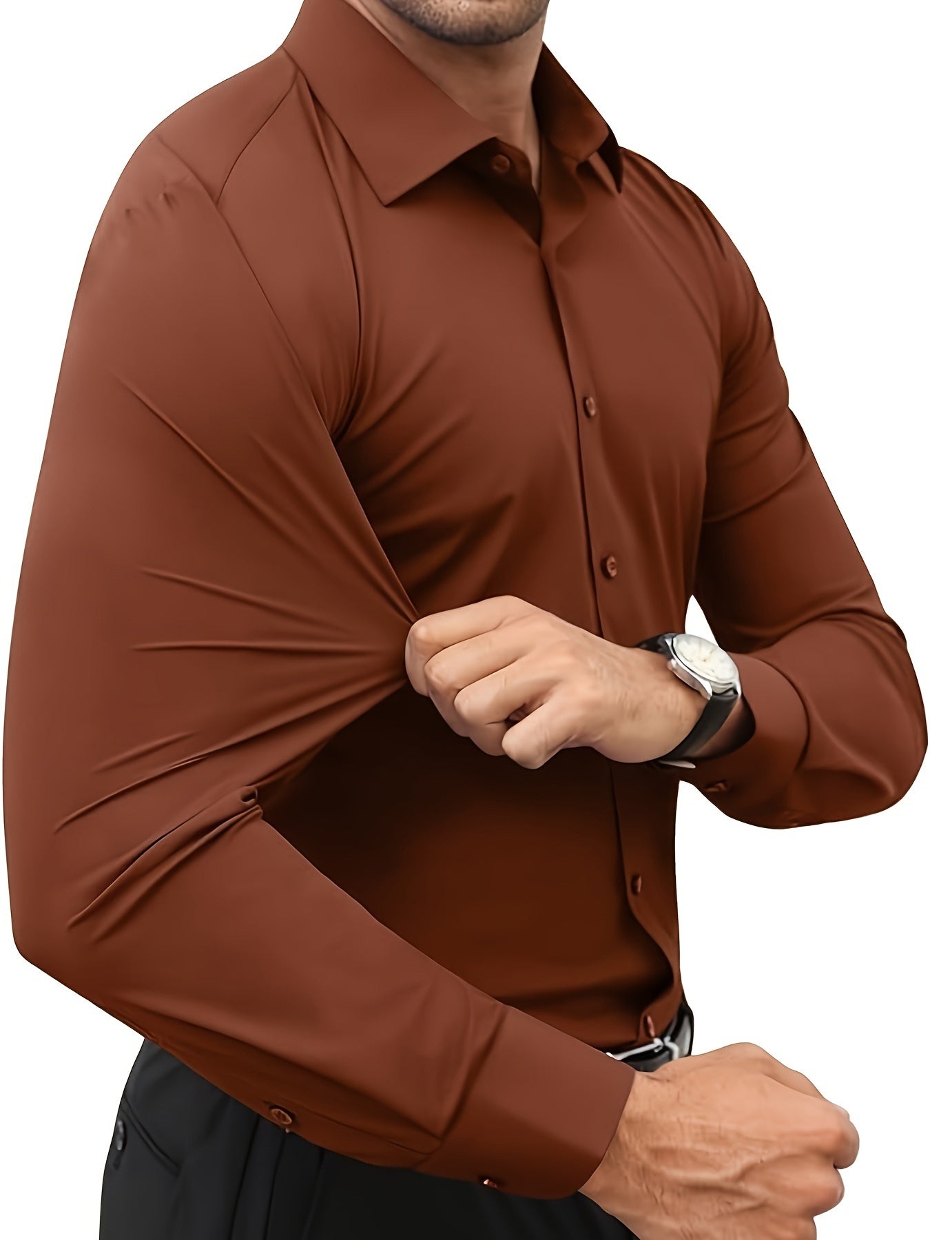 Camisola de homem de manga comprida com corte slim - 55% algodão, 40% poliéster, 5% elastano, cor lisa, para todas as estações, tecido plano, fecho com botões, gola de lapela, ideal para o fim de semana, 125 g/m²