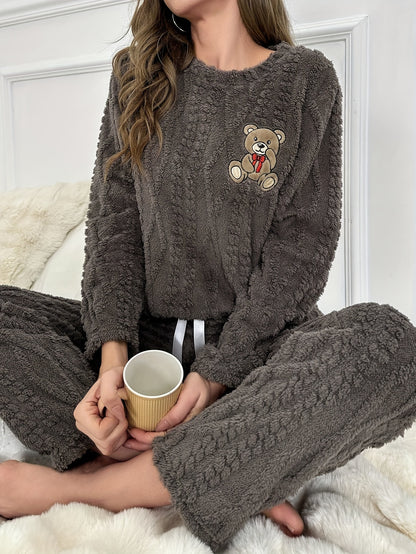 Autumn and Winter Plush Pajamas for Women - Thickened Coral Velvet Long Sleeve Top with Round Neck, Pants Set, Cute Bear Embroidery Cartoon Warm Suit, Comfortable Casual Outfit