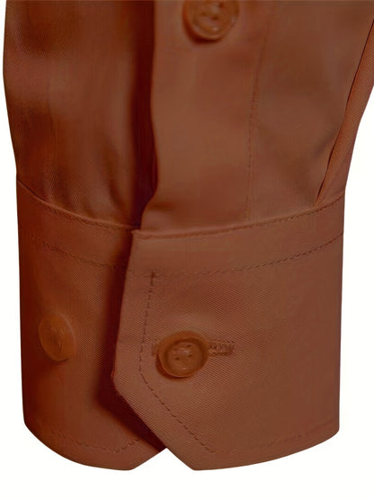 Camisola de homem de manga comprida com corte slim - 55% algodão, 40% poliéster, 5% elastano, cor lisa, para todas as estações, tecido plano, fecho com botões, gola de lapela, ideal para o fim de semana, 125 g/m²