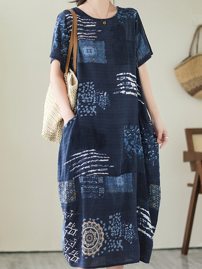 Allover Print With Pocket Loose Dress, Casual Short Sleeve Crew Neck Dress, Women's Clothing