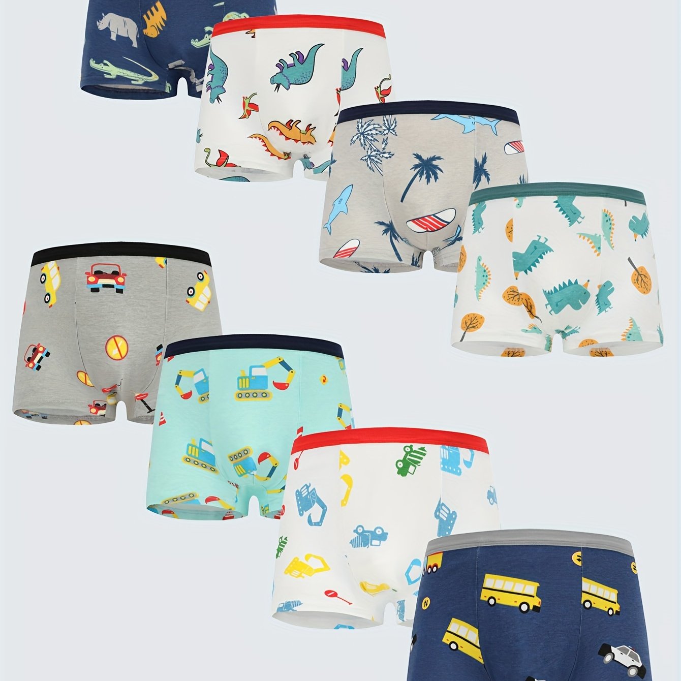 8pcs Boys' Boxer Briefs with Dinosaur & Excavator Truck Cartoon Designs - Breathable Stretch Fabric, Elastic Waistband, Soft Casual Underwear for Youngsters, Youth Boy Stylish Boxers