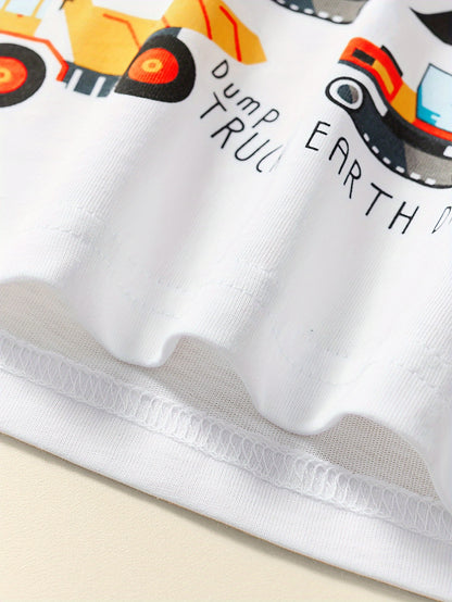 Boys' Cotton Short Sleeve T-Shirt with Cartoon Excavator Print, Breathable Summer Trend