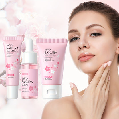 Kit de cuidados de pele LAIKOU Sakura com 3 peças - Kit de viagem com sérum, creme facial e creme de olhos (17ml, 30g - Niacinamida e Vitamina C, Ácido Hialurónico, Todos os tipos de pele, Unissexo, Essenciais de beleza | Estética Rosa | Kit compacto
