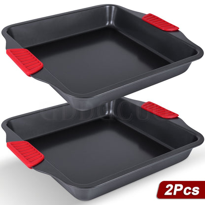2pcs Set Non-Stick Baking Pan Set - Carbon Steel Baking Pan Set with Heat Resistant Red Silicone Handle, Oven Safe up to 450F (232.2C) Square Frying Pan, Cookie Sheet, Baking Pan, Black