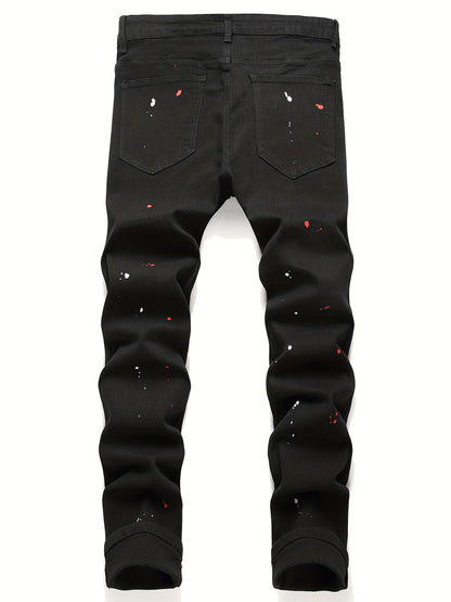Patch Splatter Ripped Jeans, Men's Casual Street Style Distressed Slim Fit High Stretch Denim Pants For Spring Summer