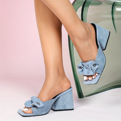 Chinelo feminino chique para o verão - Mules pretos de salto grosso e bico aberto, chinelos femininos de malha com salto alto e bico quadrado, com sola de borracha confortável.