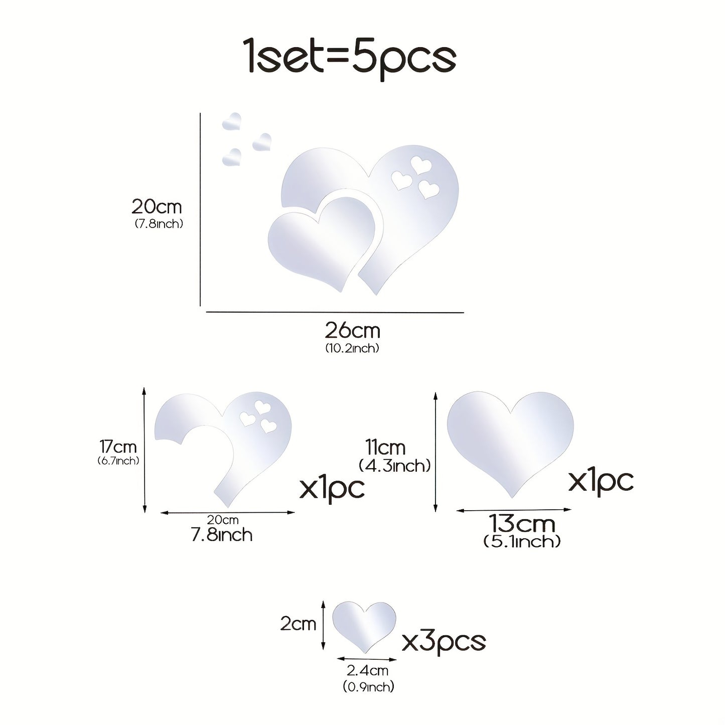 5pcs Mirror Sticker, Acrylic Shatterproof Mirror Heart Wall Stickers Decor For Bedroom Living Room Dining Room Kitchen School（10.2*7.8inch）