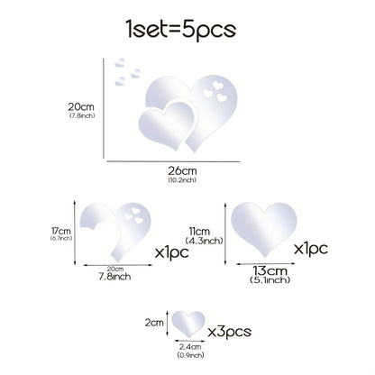 5pcs Mirror Sticker, Acrylic Shatterproof Mirror Heart Wall Stickers Decor For Bedroom Living Room Dining Room Kitchen School（10.2*7.8inch）