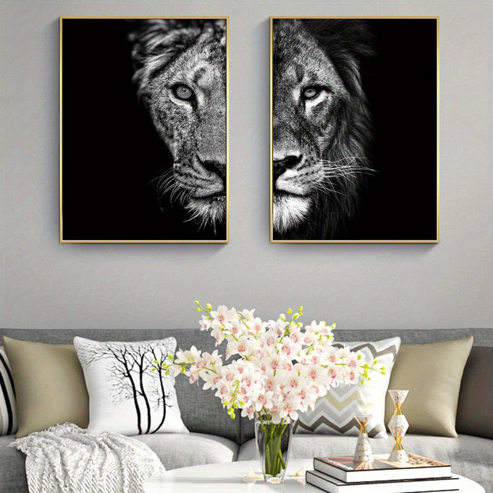 2pcs African Lion Wall Poster - Unframed Canvas Painting for Home Decor - 15.7x23.6in/40cmx60cm - Black and White Design