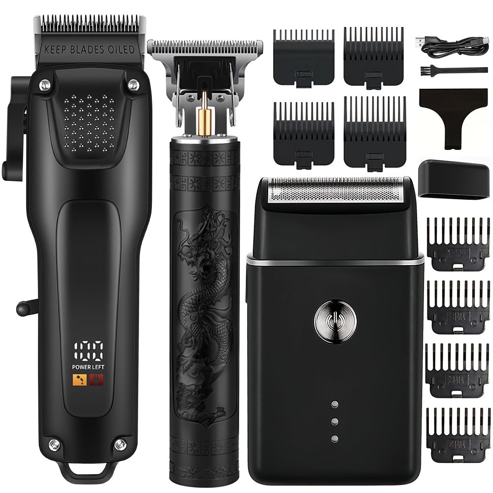 Kit de cuidados profissionais para cabelo e barba para homem com 3 peças - Máquina de cortar cabelo sem fios com visor LED, conjunto de aparador de precisão, recarregável via USB, para uso doméstico, presente perfeito para as festas de fim de ano.