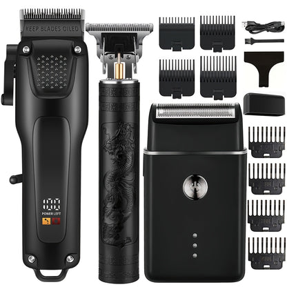 Kit de cuidados profissionais para cabelo e barba para homem com 3 peças - Máquina de cortar cabelo sem fios com visor LED, conjunto de aparador de precisão, recarregável via USB, para uso doméstico, presente perfeito para as festas de fim de ano.