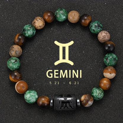 1pc PINAINICE 12 Zodiac Natural Stone Bead Bracelet - Elastic Stretch Fit, Marbled Earthy Tones with Golden Accents, Unisex Astrology Gift for Men & Women, Daily Wear & Special Occasions, Zodiac Bracelet, Casual Jewelry, Zodi