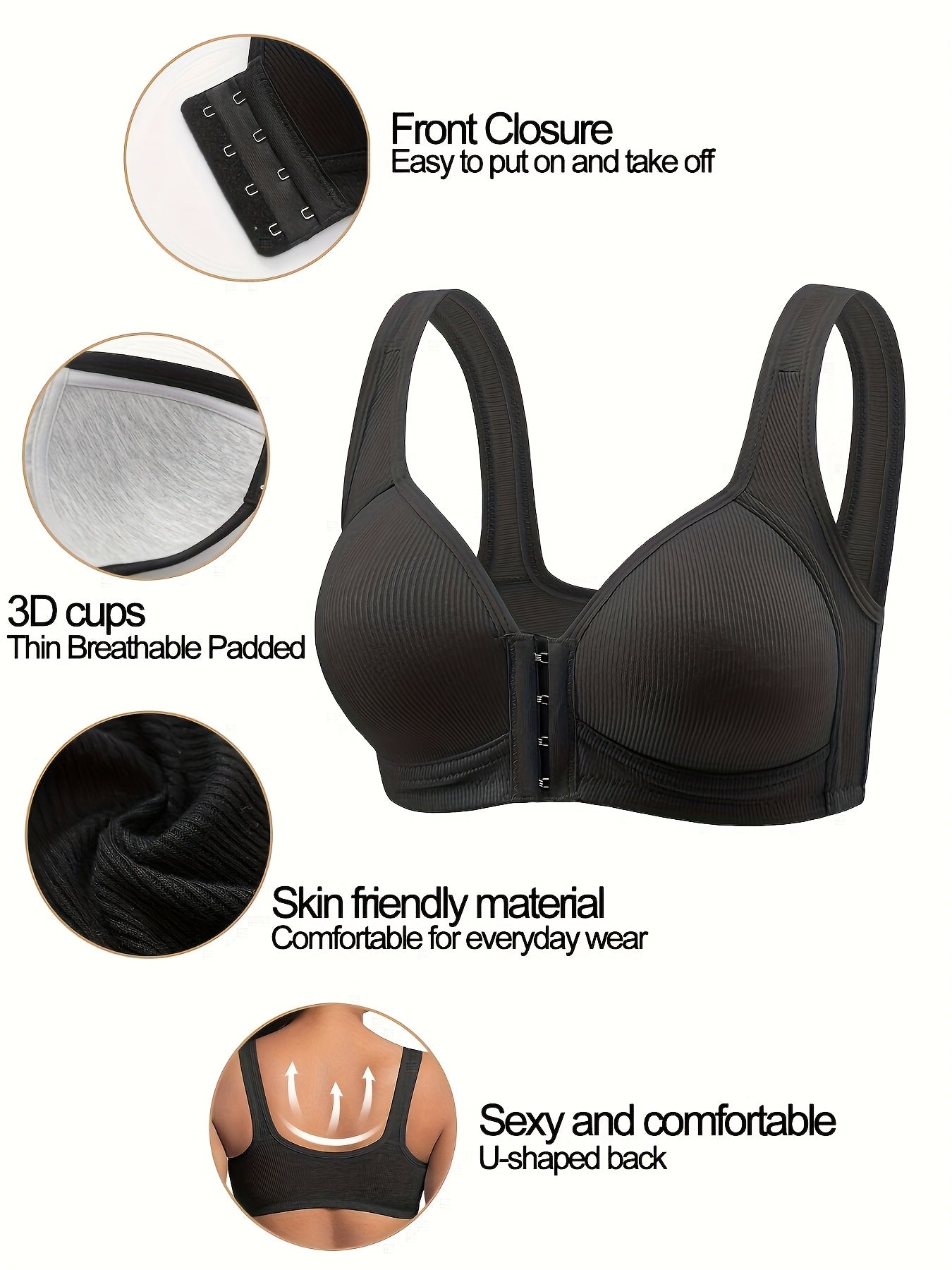 Soutien de 3 peças, fecho frontal, riscas verticais, franzido e sem aro.