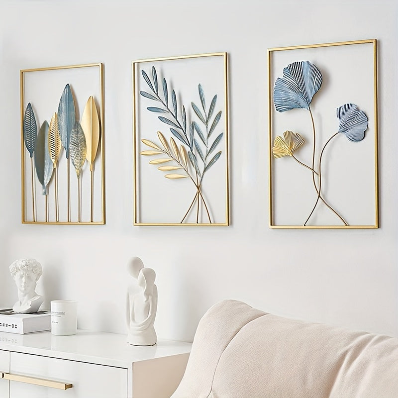 3pcs Mounted Metal Wall Decor, Thick Minimalist Metal Wall Art, Modern Metal Sheet Wall Covering, Suitable for Sofa Backdrop Bedroom and Living Room, Golden Classic Style, No Frame, 43.94x29.97cm