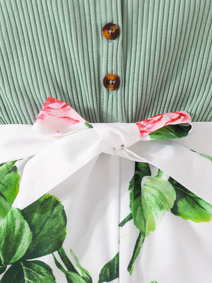 Girls' Summer Casual Floral Print Off-Shoulder Jumpsuit with Adjustable Waist Belt - Lightweight Breathable Shorts for Outdoor Play & Daily Wear, Blue & White Flower Design, Perfect for Weekend Outings, Cute Outfits for Girls