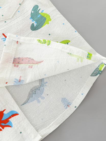 2pcs Baby Boys Dinosaur Print Button Short Sleeve Shirt Top &amp; Elastic Waist Shorts Set Toddler Summer Clothes For Daily &amp; Outdoor Wear