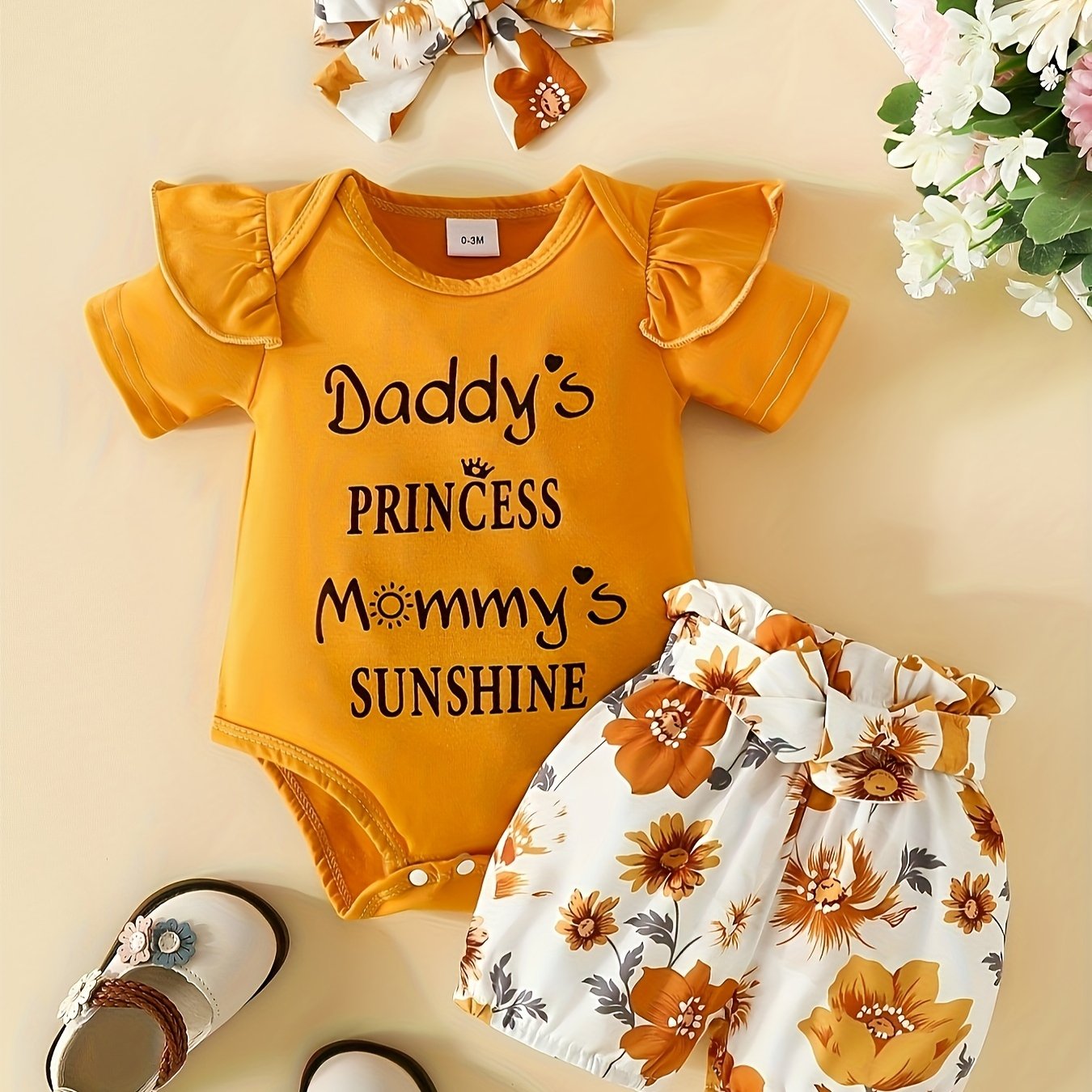 3pcs Short Sleeve &amp; Shorts Set for Newborns - "I'm Daddy's Girl" Letter Print Pants and Headband, Mommy's World Alphabet Kids' Outfit, Perfect for Outdoor