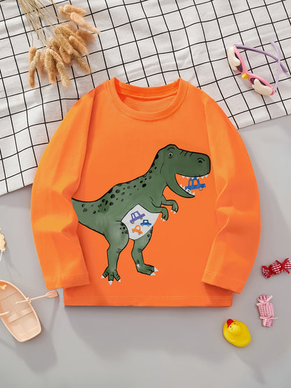 Boys' Pure Cotton Long Sleeve T-Shirt with Small Dinosaur Pattern Autumn and Winter Trendy Style