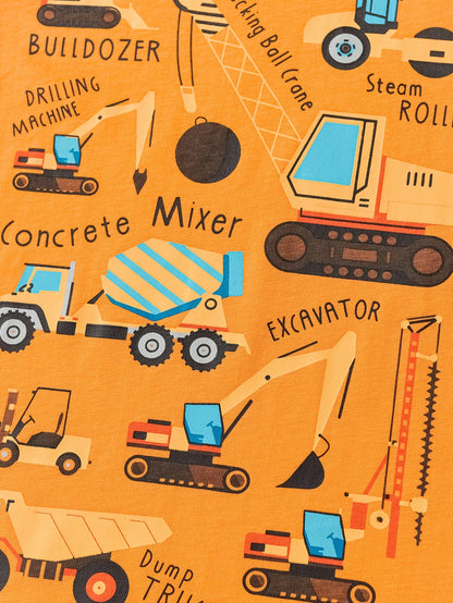 Boys' Cotton Short Sleeve T-Shirt with Cartoon Excavator Print, Breathable Summer Trend