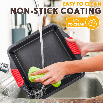 2pcs Set Non-Stick Baking Pan Set - Carbon Steel Baking Pan Set with Heat Resistant Red Silicone Handle, Oven Safe up to 450F (232.2C) Square Frying Pan, Cookie Sheet, Baking Pan, Black