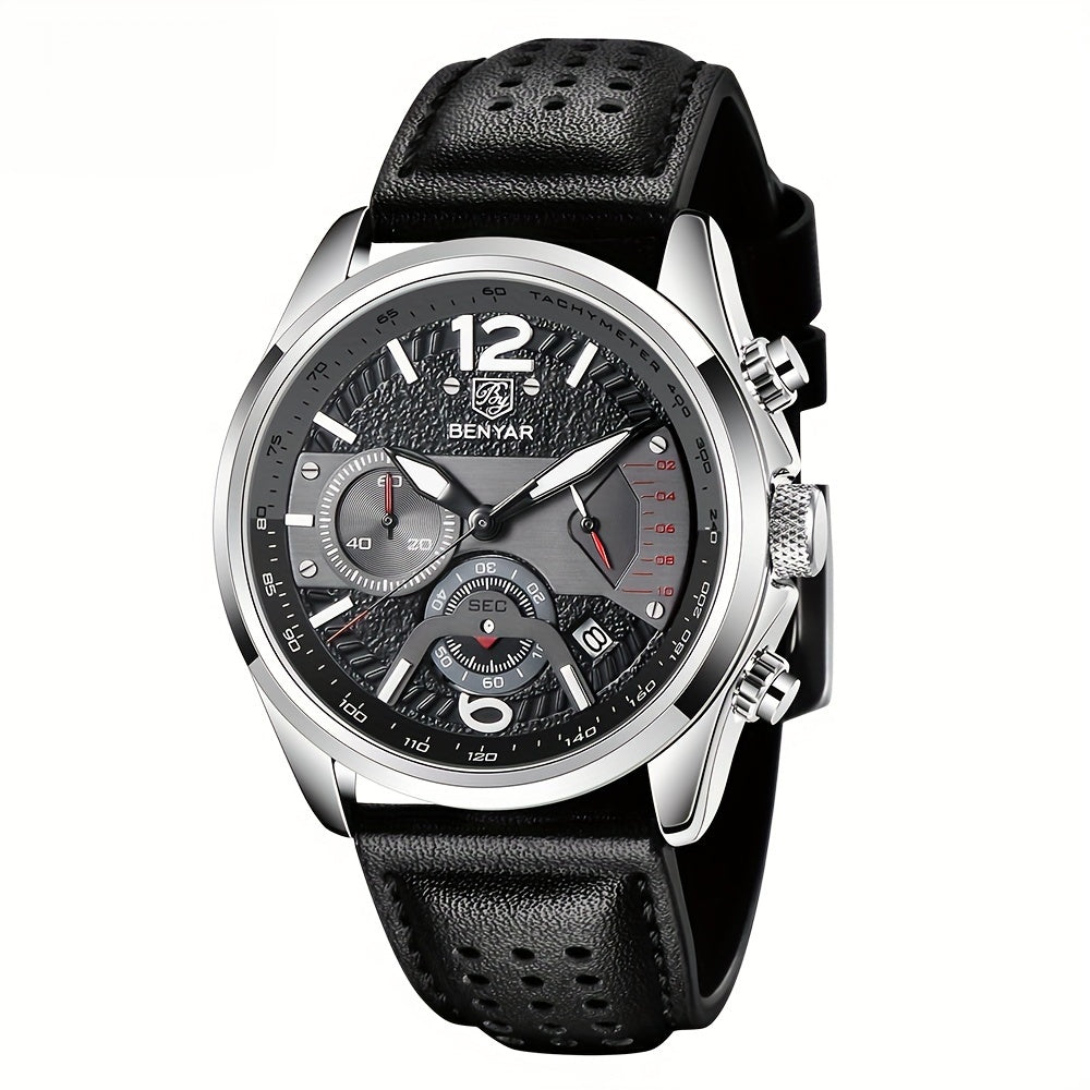 BENYAR Men's Quartz Chronograph Watch with Faux Leather Strap, 30m Waterproof, Fashionable Sport and Business Design, Elegant Gift for Men, Multifunctional, Calendar