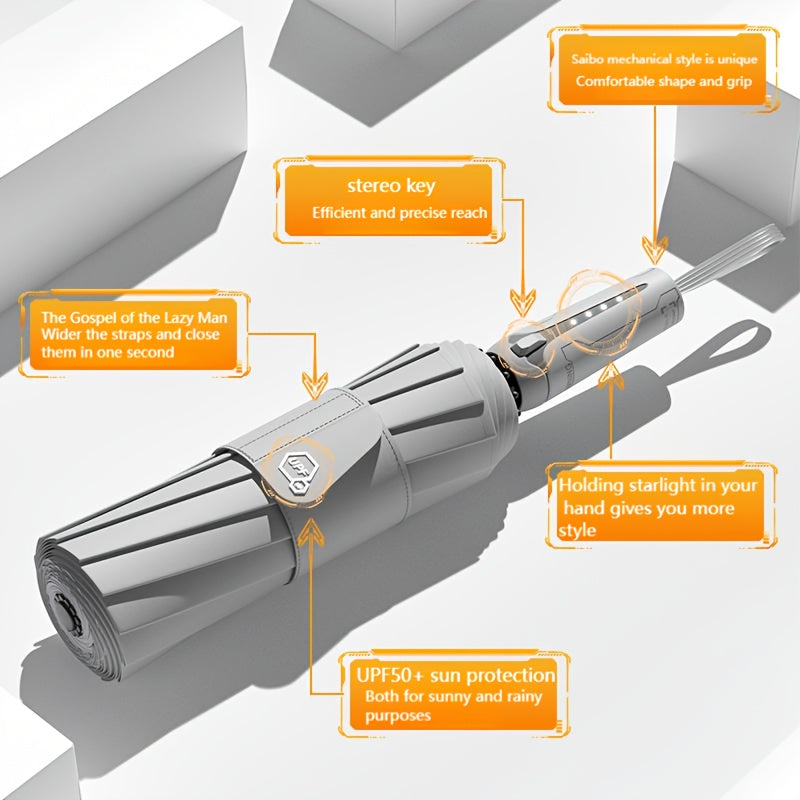 10 bone 3+3 glass fiber bone automatic folding umbrella, enlarged and thickened black rubber sunscreen coating, reinforced protective aluminum alloy skeleton, simple solid color design, unisex business sunshade dual-use umbre