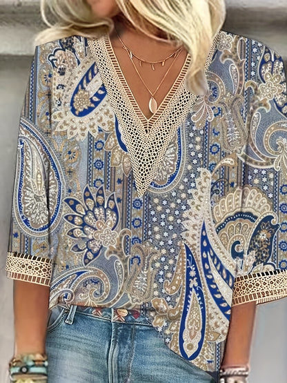 Plus Size Boho T-shirt, Women's Plus Paisley Print Contrast Lace Half Sleeve V Neck T-shirt