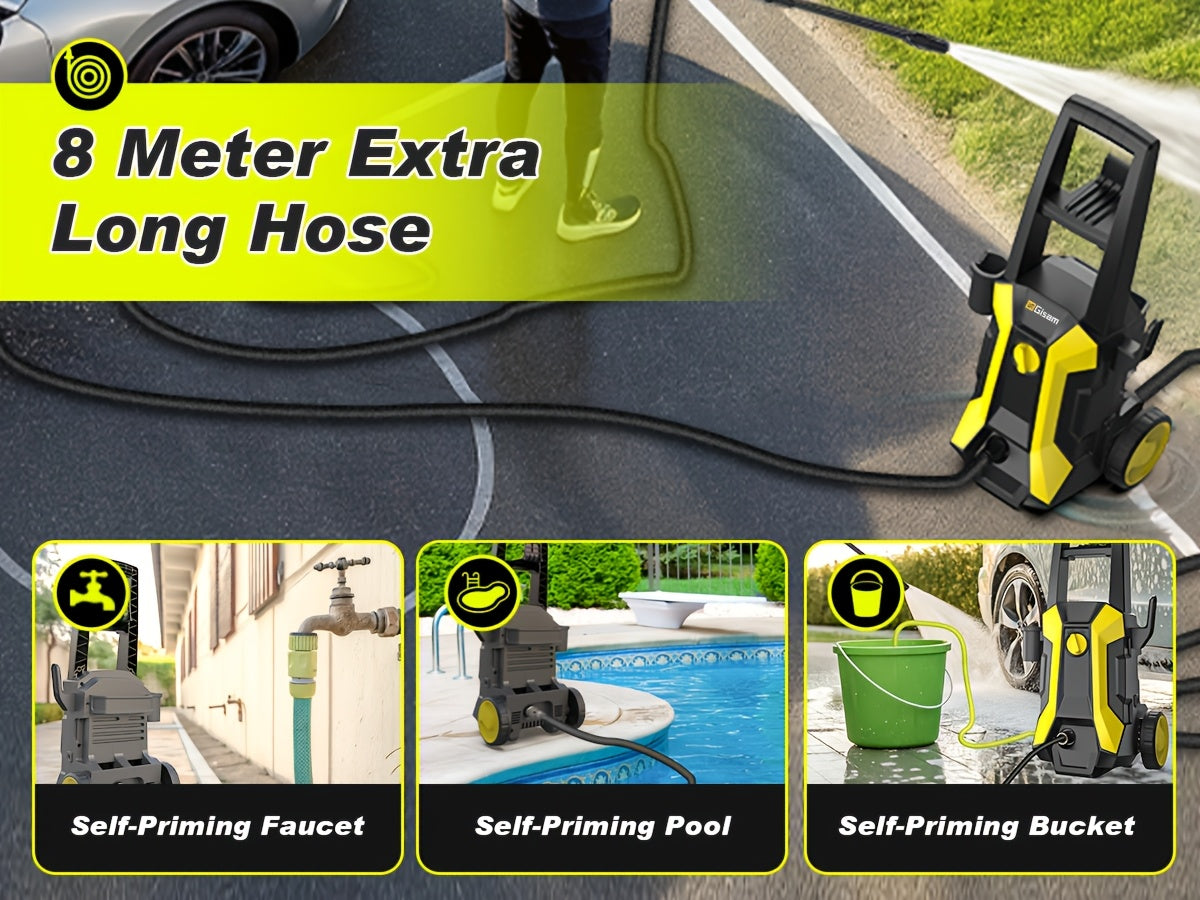 Gisam High-Pressure Washer 2200W 180Bar 480L/H with 8m Hose, Soap Bottle, Foam Nozzle & Lance Gun IPX5 Suitable for Cars/Fences/Gardens/Patios Yellow