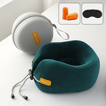 Polyurethane Foam Travel Neck Pillow - Ergonomic U-Shaped Contour Design with Adjustable Strap & 3 Fluffy Earplugs, Medium-Soft Grey Flannel Cover for Airplane, Car, Office & Home Use, Neck Pillow for Travel for Plane, Car Sl