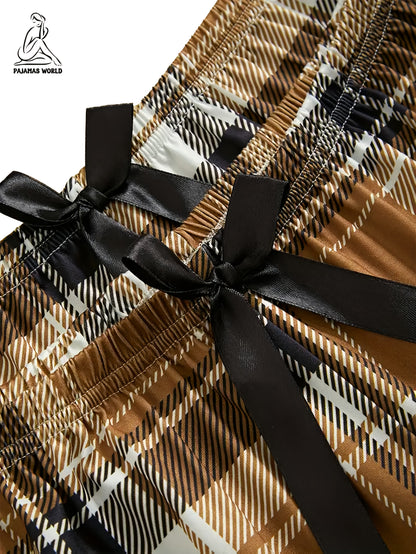 Conjunto de pijama casual para mulher com estampado de urso e xadrez - Blusa de manga curta macia e larga com cintura elástica, calças compridas e calções, roupa de dormir aconchegante para o outono/inverno