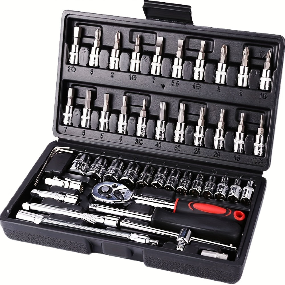 46pcs Motorcycle And Car Repair Toolkit: Ratchet Torque Wrench, Wrench, Screwdriver, Socket Set - Perfect For Motorcycle And Car Repairs!
