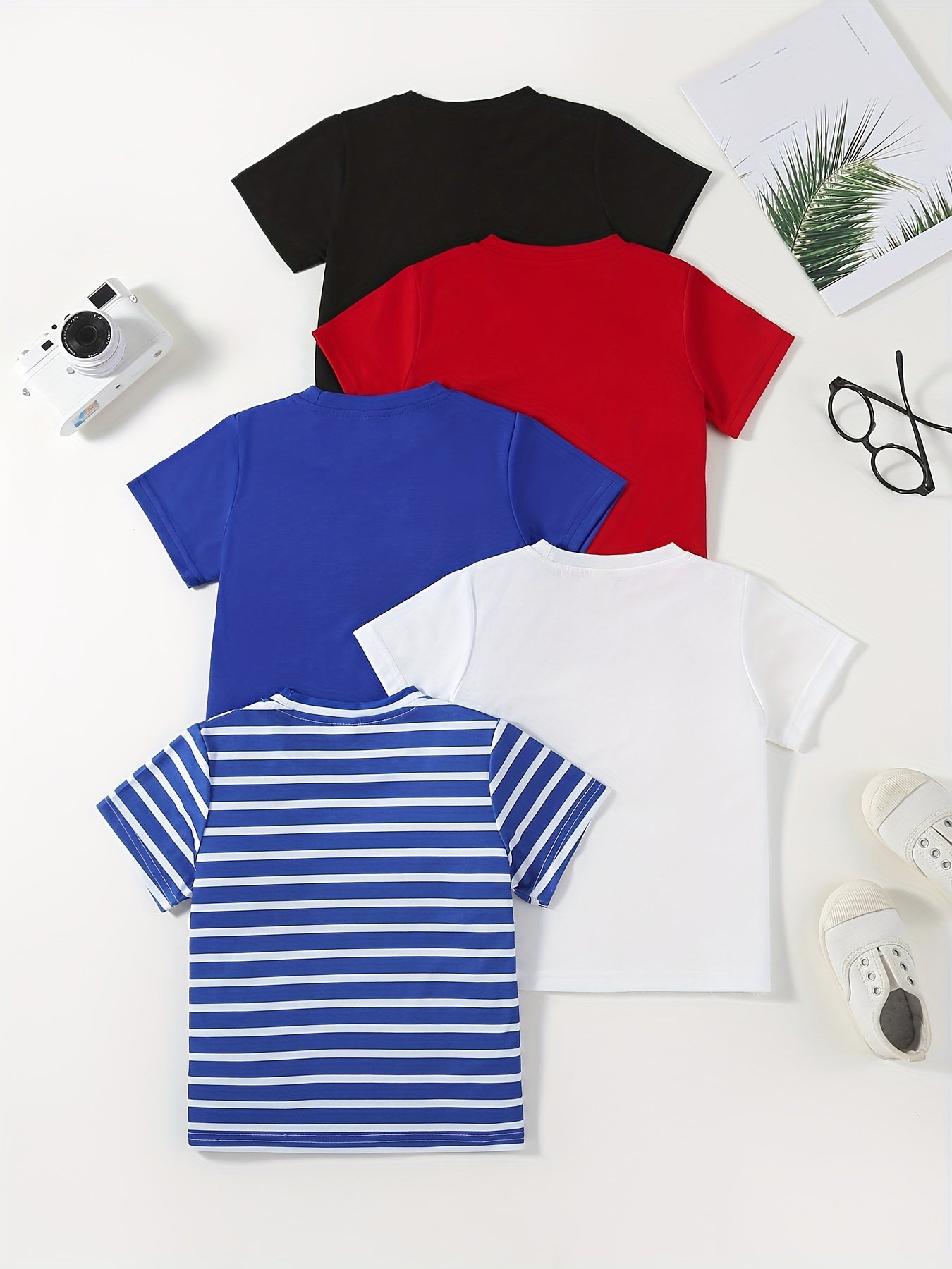5pcs Solid Color & Striped Round Neck T-shirt Tees Tops Casual Soft Comfortable, Boys And Girls Summer Clothes