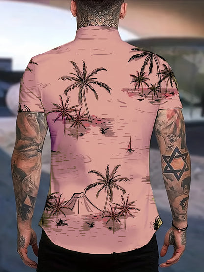 Camisa de homem de manga curta com estampado de coqueiros, ideal para o dia a dia em resorts e para a praia.